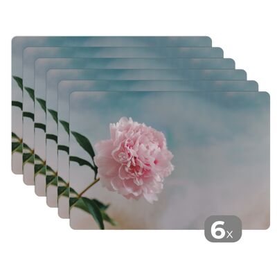 Placemats - 6 stuks - 45x30 cm - Roze pioenroos bij een grijze achtergrond