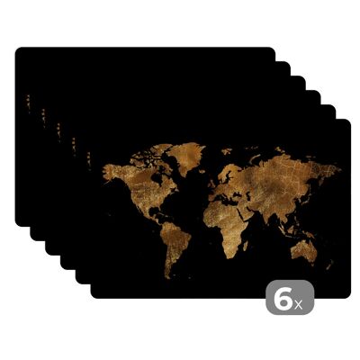Placemats - 6 stuks - 45x30 cm - Wereldkaart - Goud - Luxe