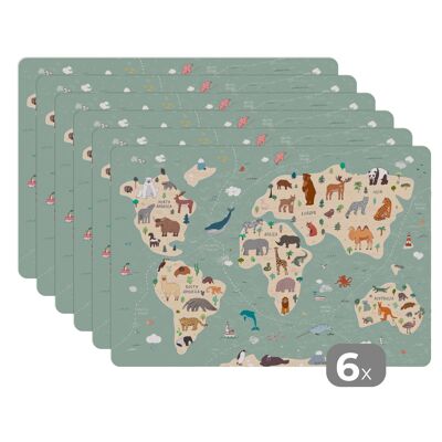 Placemats - 6 stuks - 45x30 cm - Aarde - Wereldkaart kinderen - Dieren
