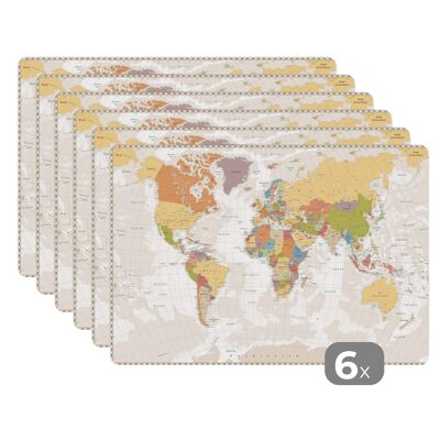 Placemats - 6 stuks - 45x30 cm - Wereldkaart - Retro - Kleuren