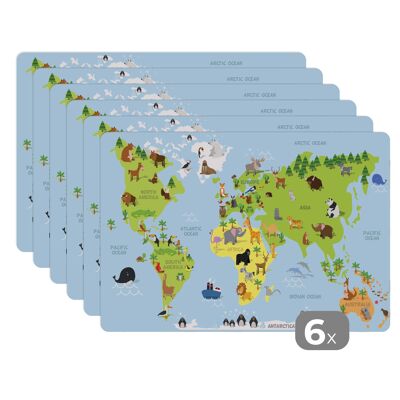 Placemats - 6 stuks - 45x30 cm - Wereldkaart - Kinderen - Dieren