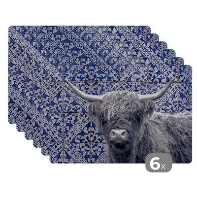 Placemats - 6 stuks - 45x30 cm - Schotse Hooglander - Delfts blauw - Zwart - Wit