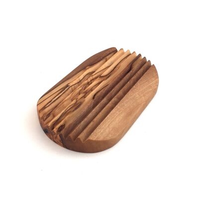 Soap dish with rounded slats made of olive wood