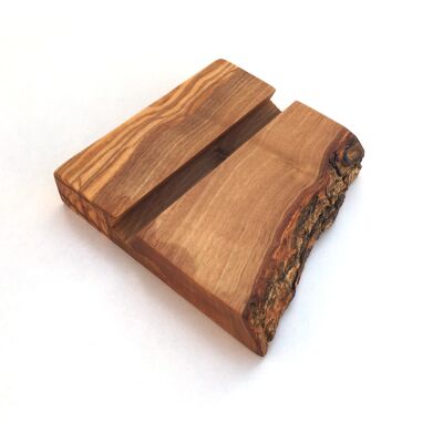 Smartphone tablet holder mobile phone stand in natural cut from olive wood