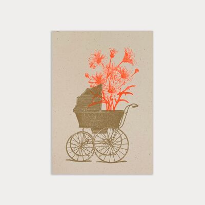 Zur Geburt / Postkarte / Kinderwagen mit Blume / Ökopapier / Pflanzenfarbe
