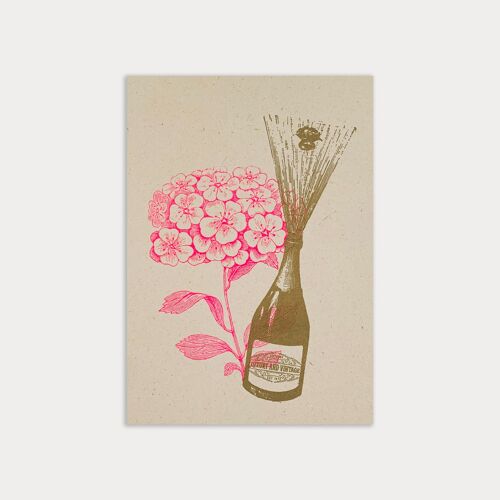 Postkarte / Champagner mit Blume / Ökopapier / Pflanzenfarbe