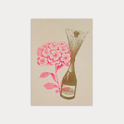 Postal / champagne con flor / papel eco / color vegetal