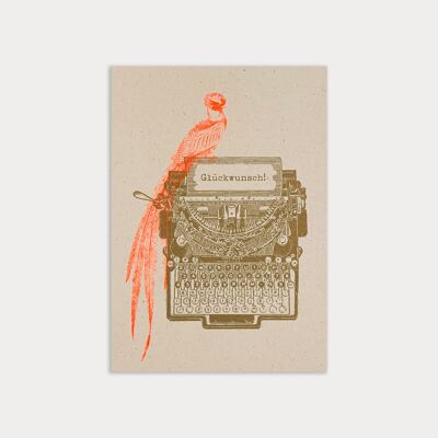 Postcard / Typewriter with Bird / Congratulations! / eco paper / vegetable dye