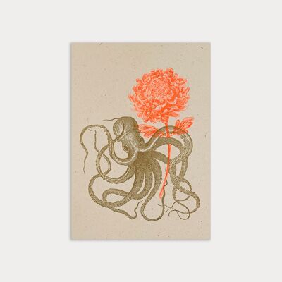 Postal / pulpo con flor / papel eco / tinte vegetal