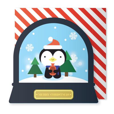Tarjeta de Navidad con globo de nieve y pingüinos de Navidad