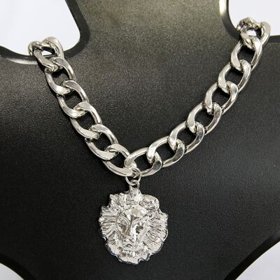 Silver lion pendant Chunky chain necklace