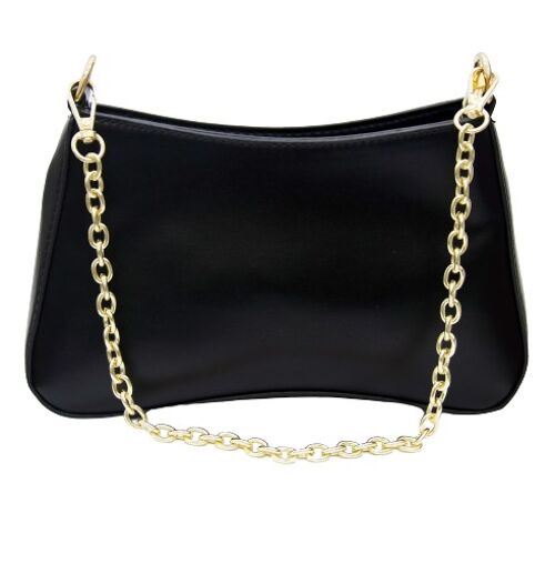 Black Faux Leather Curved Bag with Gold Chain