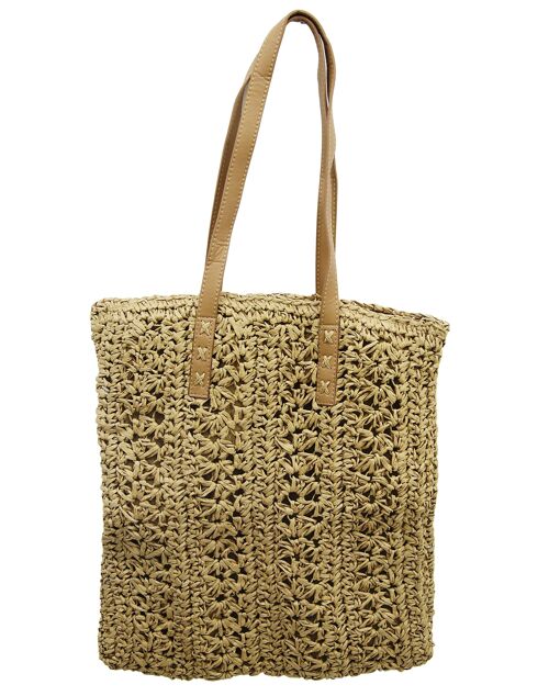 Tan Straw Bag with Faux Leather Handle