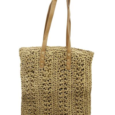 Tan Straw Bag with Faux Leather Handle