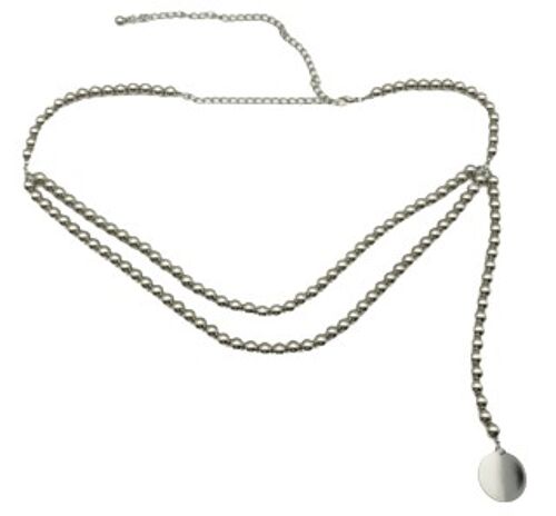 Silver Bead Layered Chain Belt with Gold Coin Drop