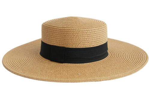 Tan Straw Boater Hat and Black Poly Band