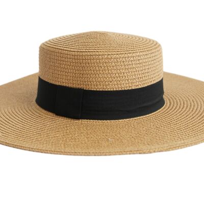 Tan Straw Boater Hat and Black Poly Band
