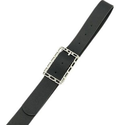 Silver Rectangle Chain Buckle PU Black Belt