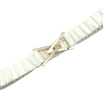 White  Ruched Stretch Faux Leather Belt with Metal Triangle Link Buckle