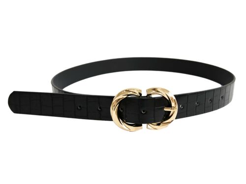 Black Croc Faux Leather Belt with Gold Twisted Buckle