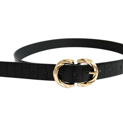 Black Croc Faux Leather Belt with Gold Twisted Buckle