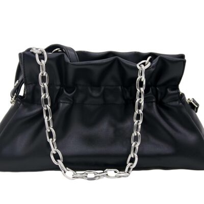 Black Faux Leather Ruched Bag with Chain Grab Handle and Long PU Strap