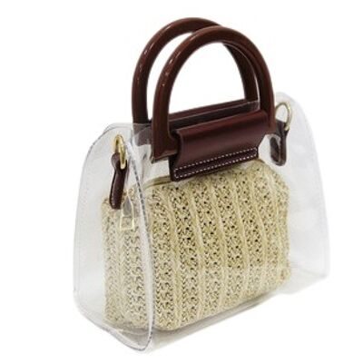Cream Straw Clear Bag with Brown Handle and PU Strap