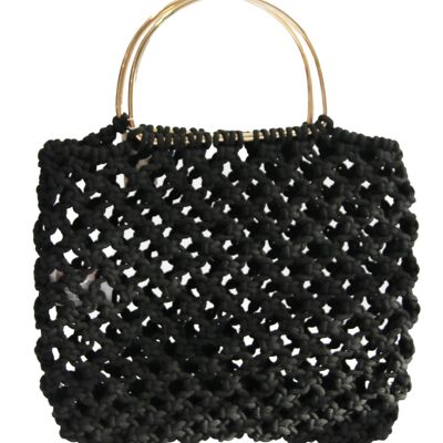 Black Crochet Tote with Gold Metal Handles