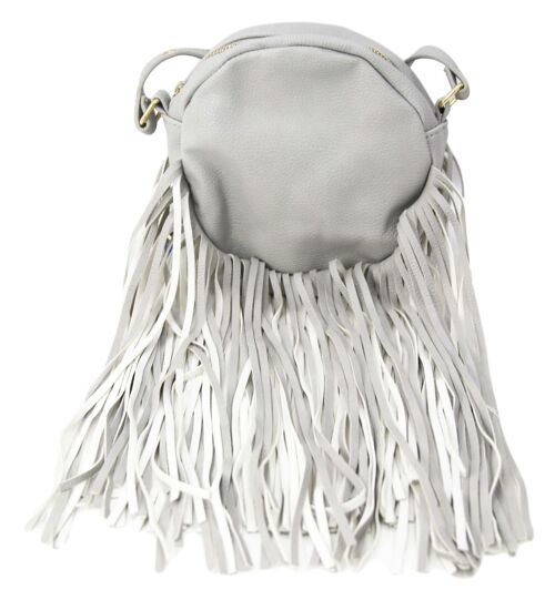 Light Grey  PU Round Shoulder Bag with Fringe with Adjustable Strap