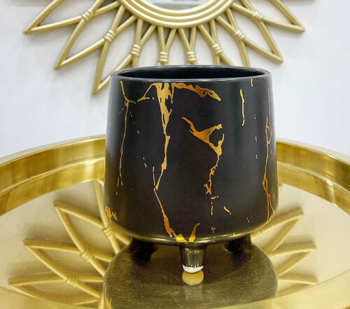 Black with Gold Marble Detail Plant Pot