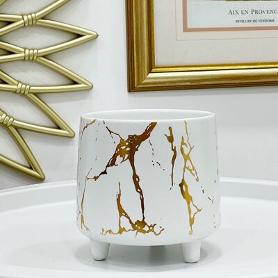 Vaso per piante bianco con dettagli in marmo dorato