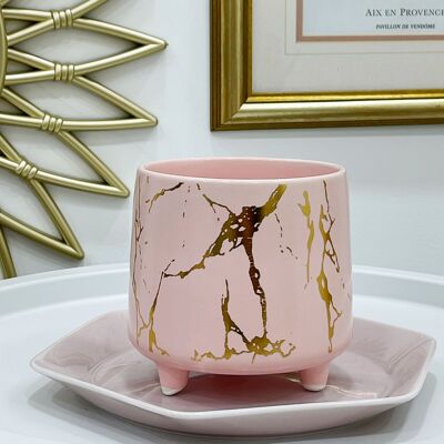 Vaso per piante rosa con dettagli in marmo dorato