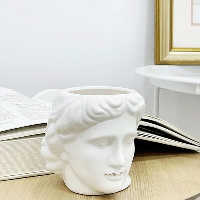 White Roman Face Vase with Gold Mustache