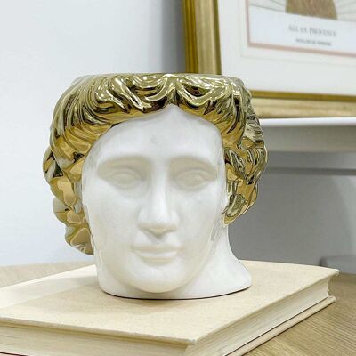 Jarrón de rostro romano blanco con cabello dorado