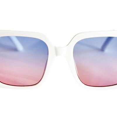 Sonnenbrille mit weißem Rahmen, blauen, rosa Gläsern