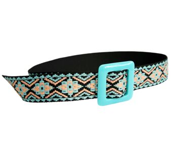 Ceinture Aztèque Bleue à Boucle Carrée Noire