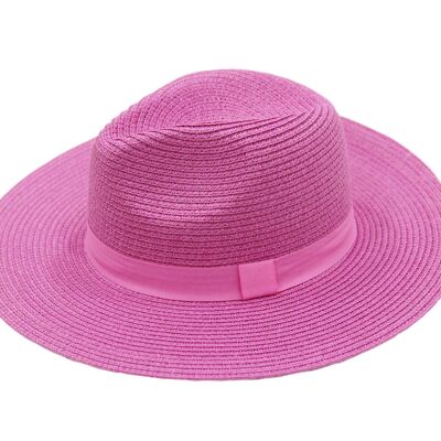 Fedora en paille fuchsia avec bande en poly ton sur ton