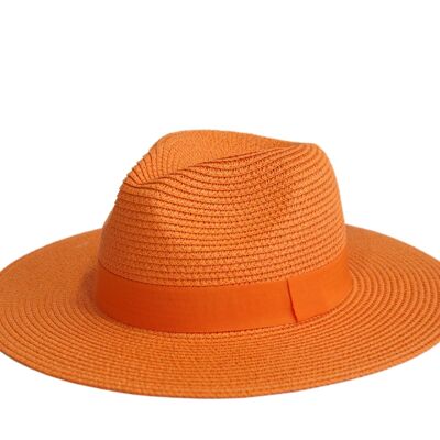 Fedora aus orangefarbenem Stroh mit tonalem Polyband