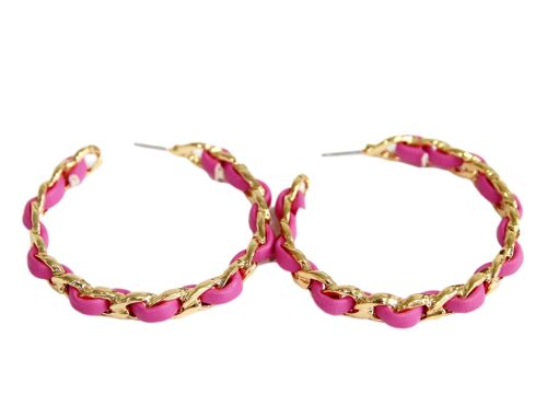 Pink PU and Chain Link Hoop Earrings