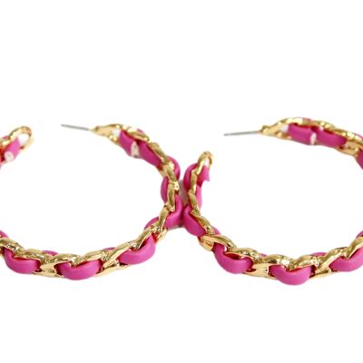 Pink PU and Chain Link Hoop Earrings