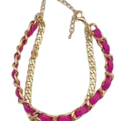 Fuchsia and Gold, Faux Leather and Chain Layered Anklet