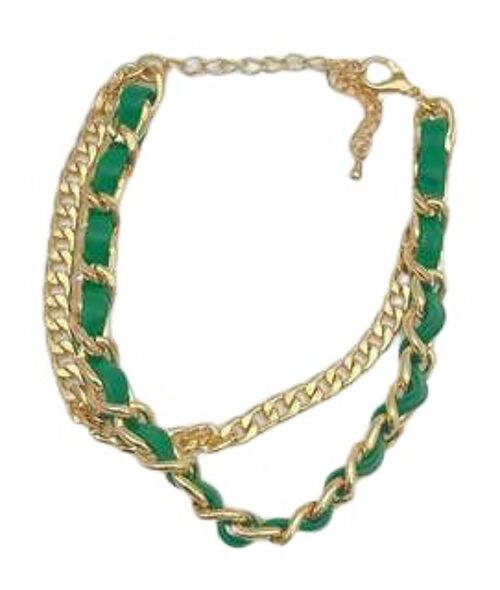 Green and Gold, Faux Leather and Chain Layered Anklet