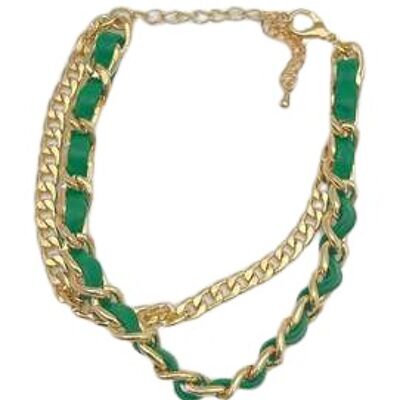 Bracelet de cheville superposé en similicuir et chaîne vert et or