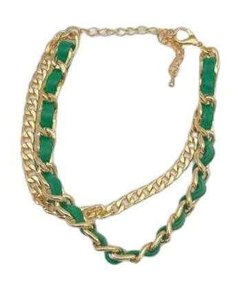 Bracelet de cheville superposé en similicuir et chaîne vert et or 1