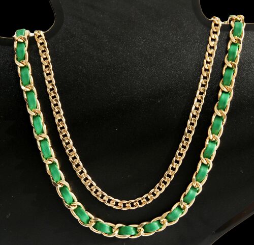 Green and Gold, Faux Leather and Chain Layered Necklace