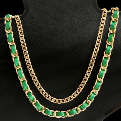 Mehrlagige Halskette aus Grün und Gold, Kunstleder und Kette