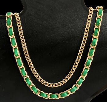 Collier multicouche vert et or, similicuir et chaîne