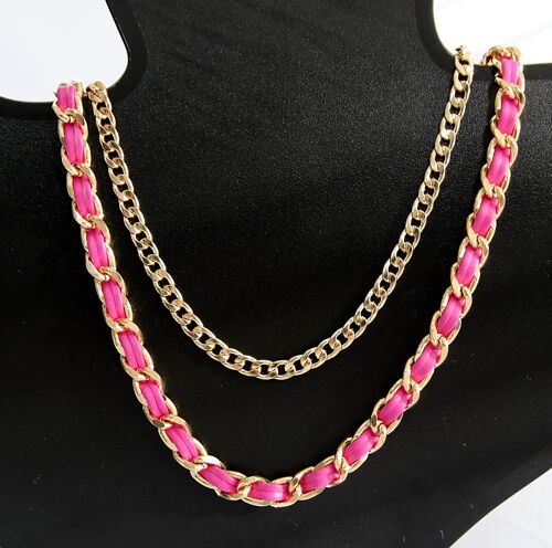 Fuchsia and Gold, Faux Leather and Chain Layered Necklace