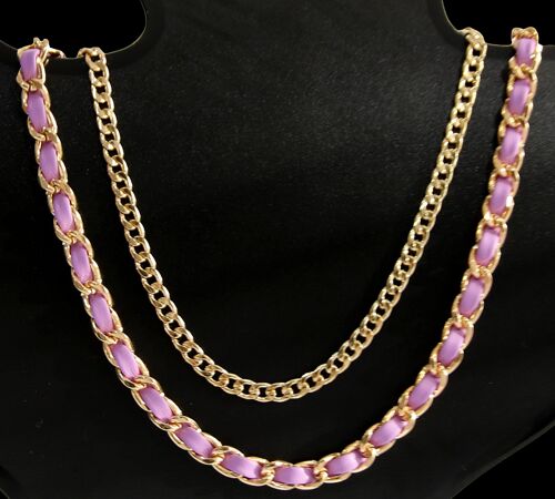 Lilac and Gold, Faux Leather and Chain Layered Necklace