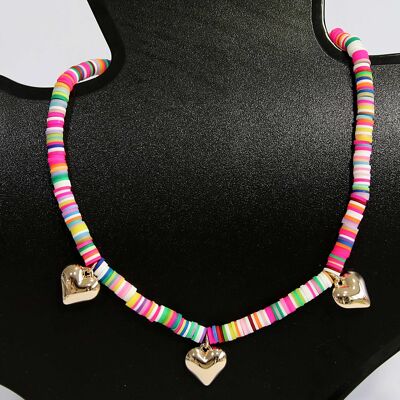 Fuchsia Beaded Necklace With Gold Hearts